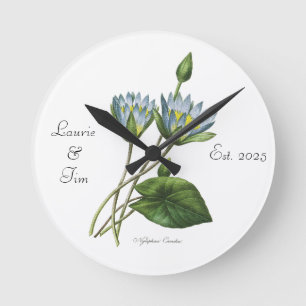 Personalized Elegant Floral Blue Nymphea Wooden  Round Clock