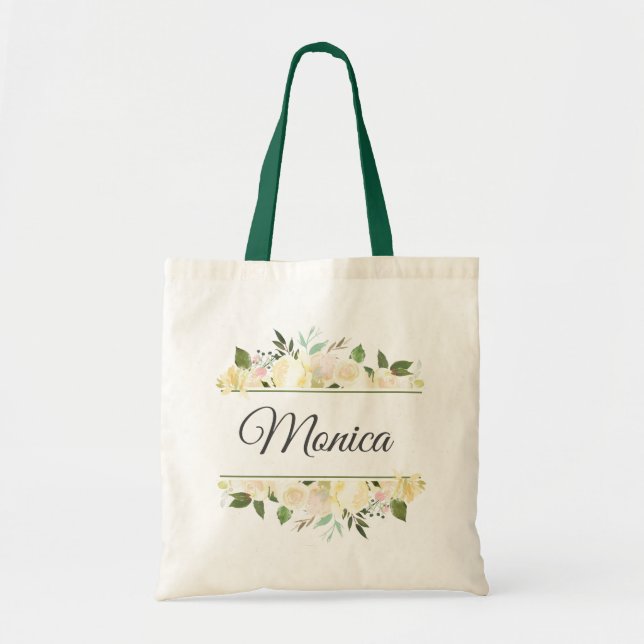 Personalized Elegant Floral Ladies Khaki Green Eco Tote Bag (Front)