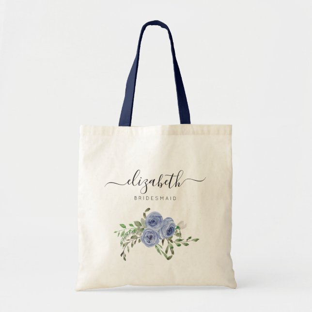 Personalized Elegant Floral Navy Blue Bridesmaid Tote Bag (Front)