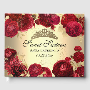 Personalized Elegant Floral Red Gold Sweet Sixteen Guest Book