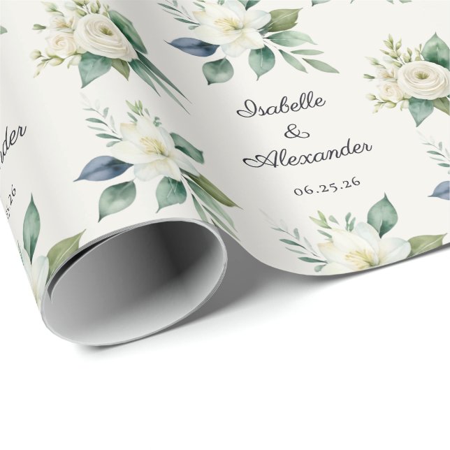 Personalized Elegant Floral Script Names Wedding Wrapping Paper (Roll Corner)