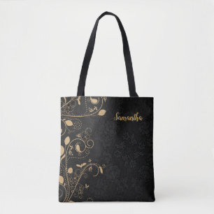 Personalized Elegant Gold Black Floral Tote Bag