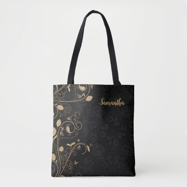 Personalized Elegant Gold Black Floral Tote Bag (Front)