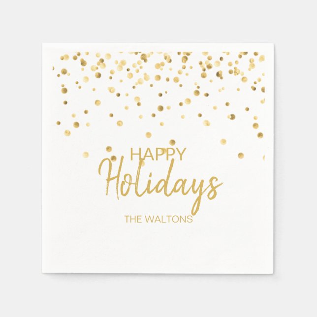 Personalized Elegant Gold Confetti Happy Holidays Napkin (Front)