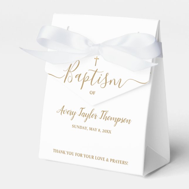 Personalized Elegant Gold Cross Baptism Script Favor Box (Front Side)