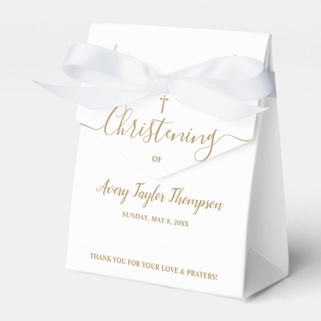 Personalized Elegant Gold Cross Christening Script Favor Box (Front Side)