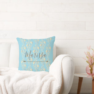 Personalized Elegant Gold Flowers on Blue  Throw Pillow