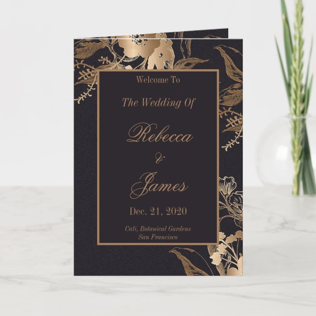 Personalized Elegant Gold Metallic Floral Wedding Program (Front)