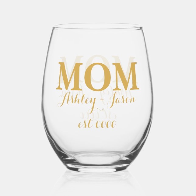Personalized elegant gold mom EST mothers day  Stemless Wine Glass (Front)