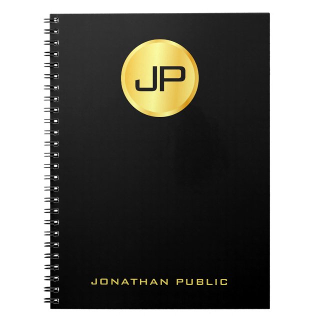 Personalized Elegant Gold Monogram Black Template Notebook (Front)