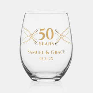 Personalized Elegant Golden 50th Anniversary Gift Stemless Wine Glass