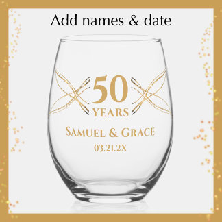 Personalized Elegant Golden 50th Anniversary Gift Stemless Wine Glass