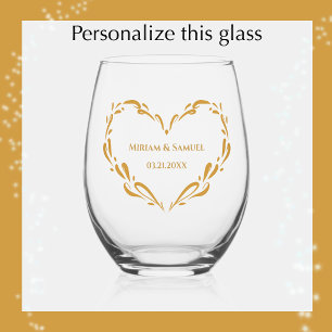 Personalized Elegant Golden Heart Keepsake Wedding Stemless Wine Glass