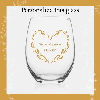Personalized Elegant Golden Heart Keepsake Wedding Stemless Wine Glass