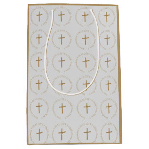 Personalized Elegant Golden Palm Cross Religious Medium Gift Bag
