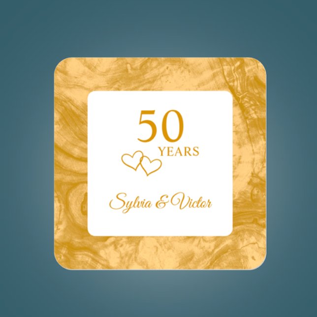 Personalized Elegant Golden Wood 50th Anniversary Square Sticker (Custom text golden 50th wedding anniversary sticker. Add couples names to personalize



)