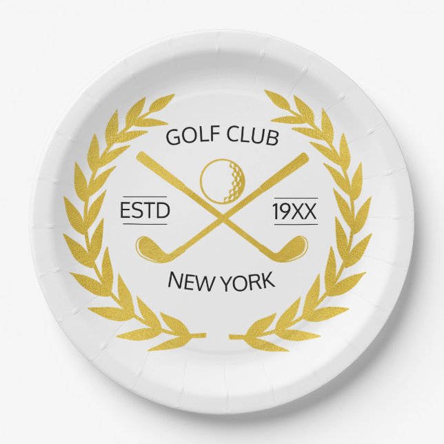 Personalized Elegant Golf Club Gold Wreath    Paper Plate (Front)