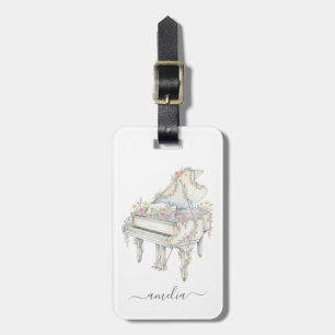 Personalized Elegant Grand Piano with Flowers Luggage Tag