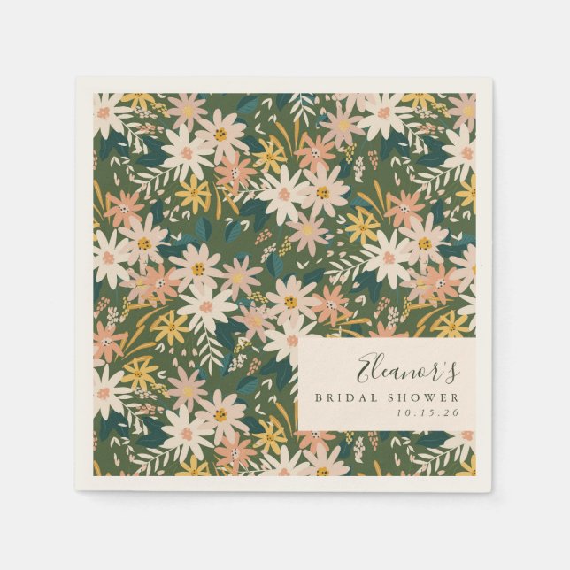 Personalized Elegant Green Floral Bridal Shower  Napkin (Front)