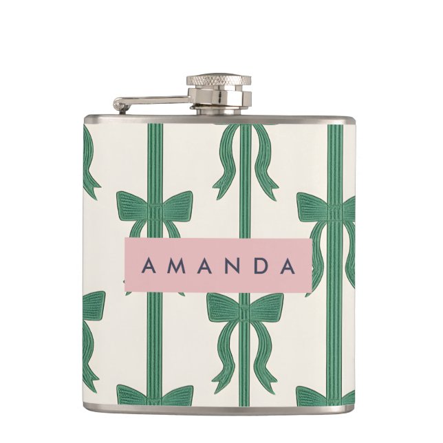 Personalized Elegant Green Ribbon Bow Pattern Hip Flask (Front)