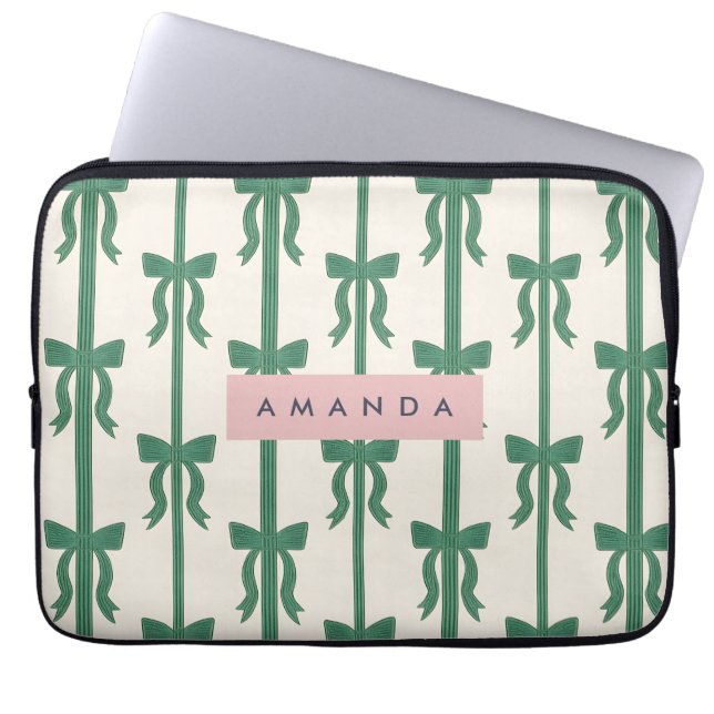Personalized Elegant Green Ribbon Bow Pattern Laptop Sleeve (Front)