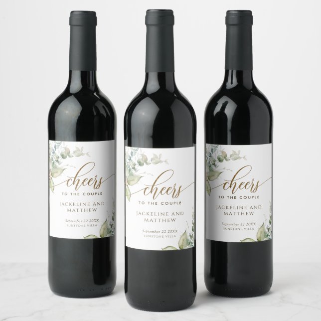 Personalized Elegant Greenery Cheers Wedding Wine Label (Bottles)