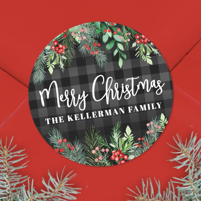 Personalized Elegant Greenery Christmas Classic Round Sticker (Greenery Plaid Merry Christmas Classic Round Sticker )