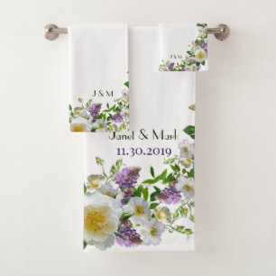 Personalized Elegant Greenery Floral Purple Bath Towel Set
