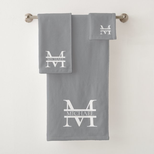 Personalized Elegant Grey Monogram and Name Bath Towel Set (Insitu)