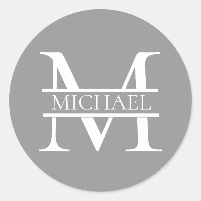 Personalized Elegant Grey Monogram and Name Classic Round Sticker (Front)