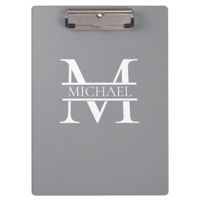 Personalized Elegant Grey Monogram and Name Clipboard (Front)