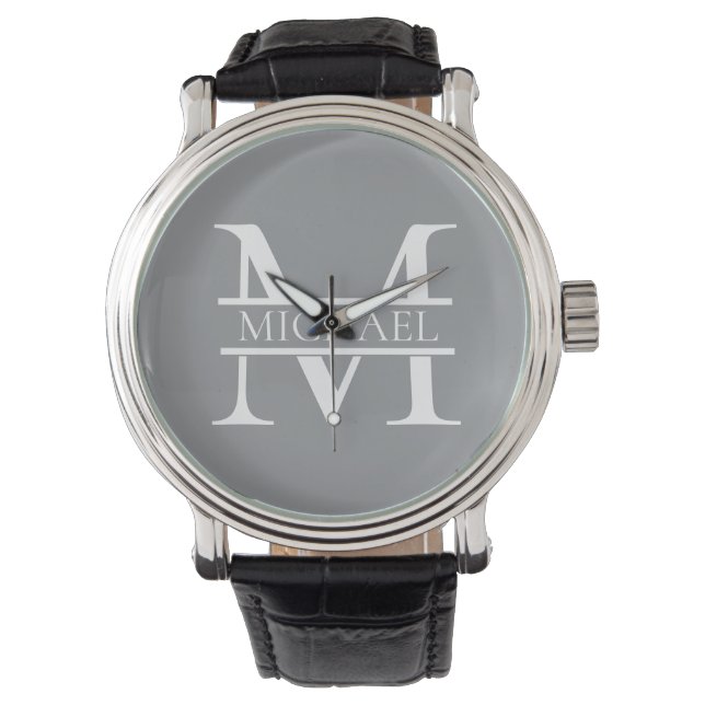 Personalized Elegant Grey Monogram and Name Watch (Front)