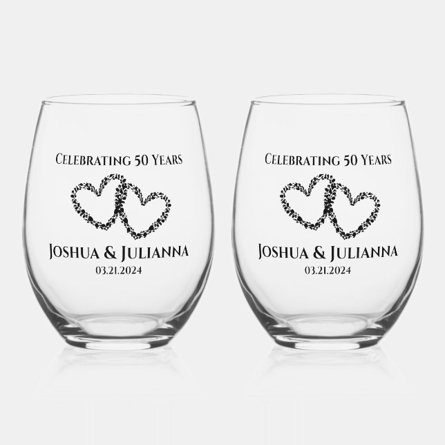 Personalized Elegant Heart 50th Anniversary Gift Stemless Wine Glass (Front)