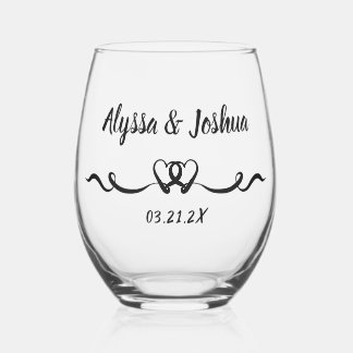 Personalized Elegant Heart Couples Wedding Gift Stemless Wine Glass