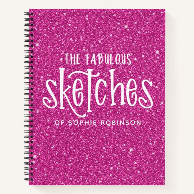 Personalized Elegant Hot Pink Glitter Sketchbook Notebook (Front)