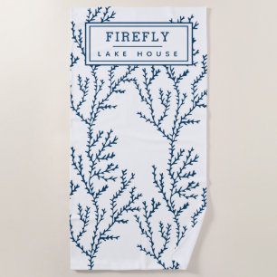 Personalized, Elegant Indigo Blue Coral Pattern  Beach Towel