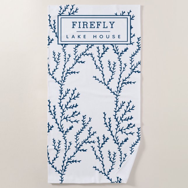 Personalized, Elegant Indigo Blue Coral Pattern  Beach Towel (Front)