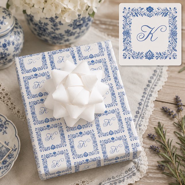 Personalized Elegant Initial Monogram Wrapping Paper Sheet (Blue Monogram Wrapping Paper)