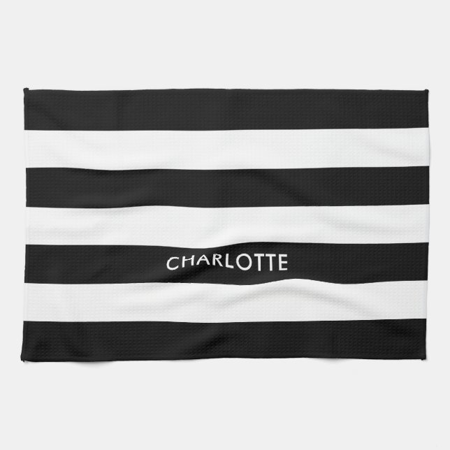 Personalized Elegant Luxury Black and white stripe Kitchen Towel (Horizontal)