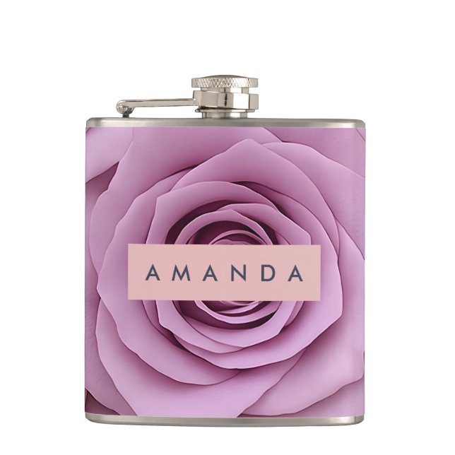 Personalized Elegant Mauve Rose Flower Hip Flask (Front)