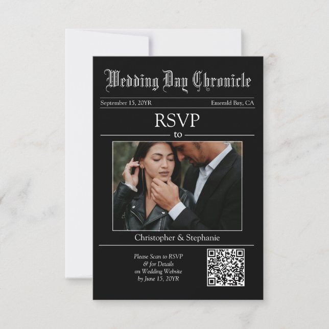 Personalized Elegant Minimalist QR Code Newspaper RSVP Card (Front)