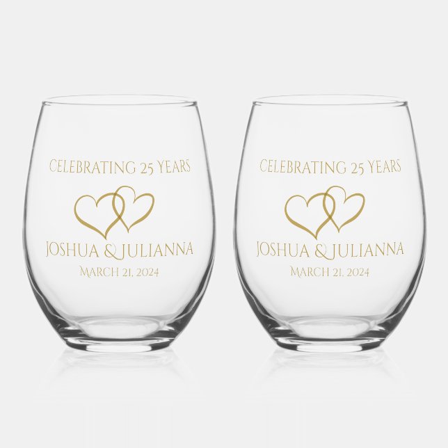Personalized Elegant Modern 25th Anniversary Gift Stemless Wine Glass (Front)