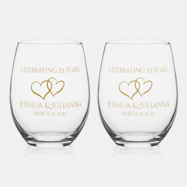 Personalized Elegant Modern 25th Anniversary Gift Stemless Wine Glass (Front)