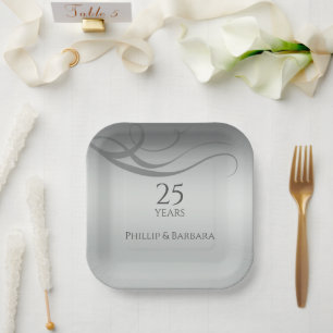 Personalized elegant modern 25th anniversary party paper plate