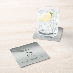 Personalized elegant modern 25th anniversary party square paper coaster