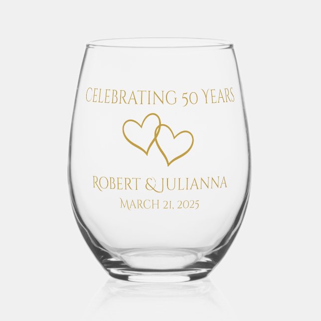 Personalized Elegant Modern 50th Anniversary Gift Stemless Wine Glass (Front)
