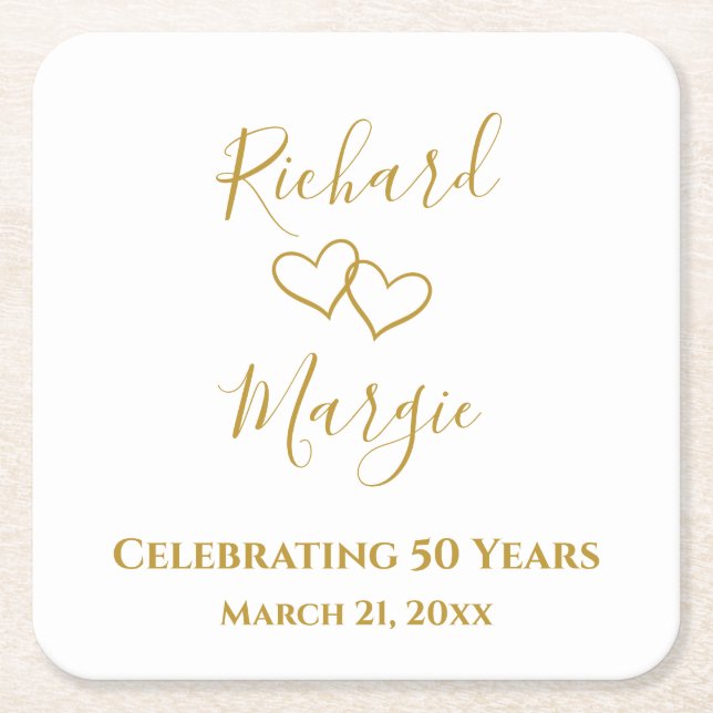 Personalized Elegant Modern 50th Anniversary Party Square Paper Coaster (Front)