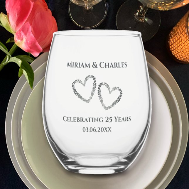 Personalized Elegant Modern Heart 25th Anniversary Stemless Wine Glass (Add couple’s names and 25th anniversary date for elegant simple keepsake glass 25th anniversary gift)