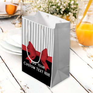 Personalized Elegant Modern Red Ribbon and Stripe Medium Gift Bag
