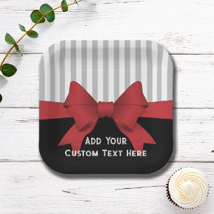 Personalized Elegant Modern Red Ribbon and Stripe Paper Plate